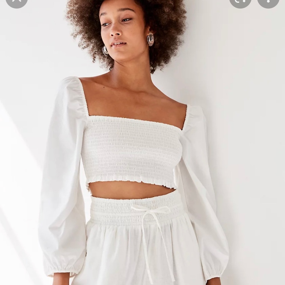 Aritzia White Smocked Crop Blouse
